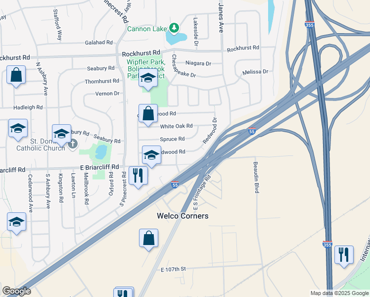 map of restaurants, bars, coffee shops, grocery stores, and more near 546 Redwood Road in Bolingbrook