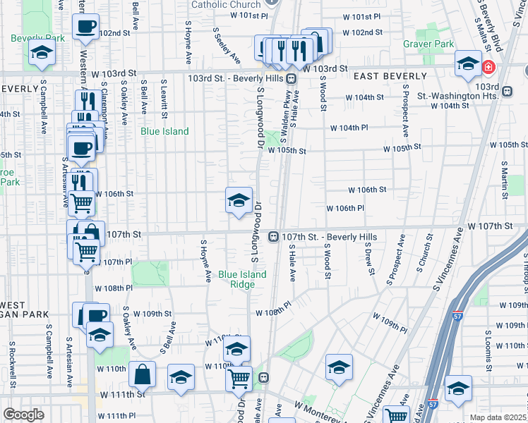 map of restaurants, bars, coffee shops, grocery stores, and more near 10635 South Longwood Drive in Chicago