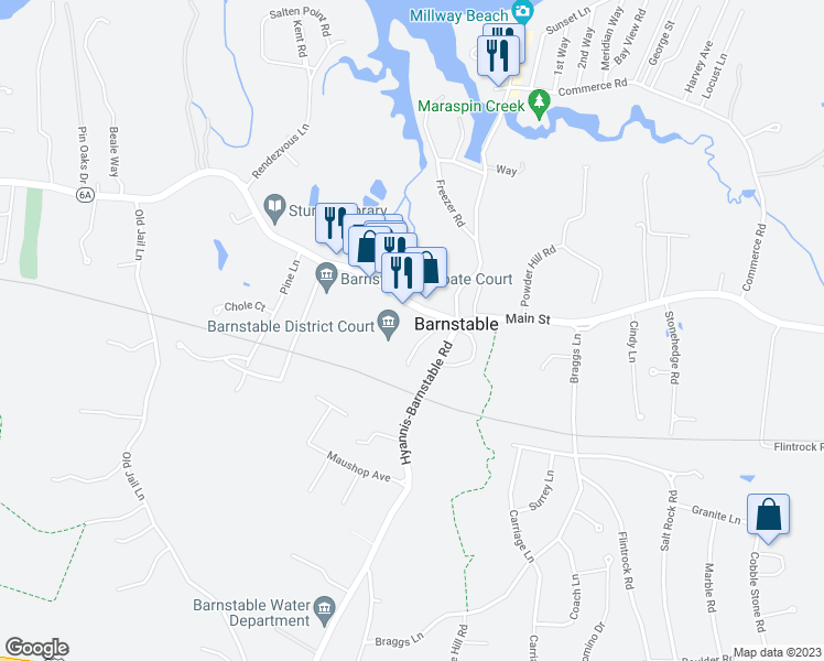 map of restaurants, bars, coffee shops, grocery stores, and more near 3279 Main Street in Barnstable