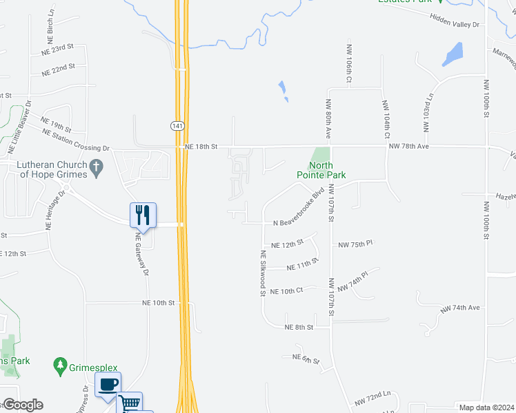 map of restaurants, bars, coffee shops, grocery stores, and more near 1408 Northeast Destination Drive in Grimes