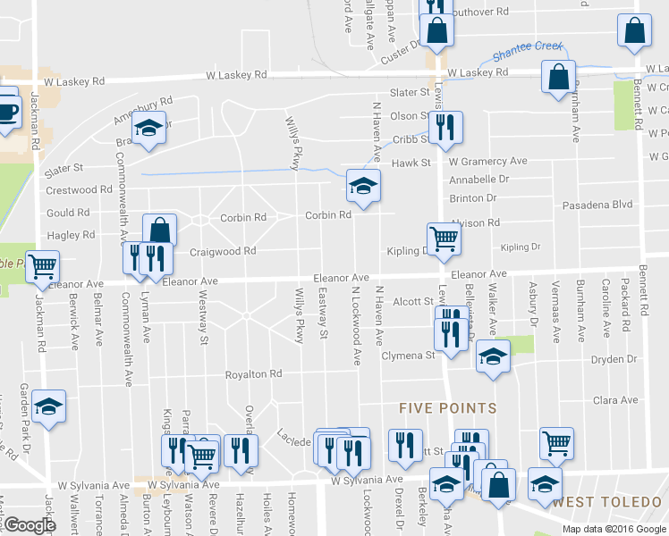 map of restaurants, bars, coffee shops, grocery stores, and more near 1224 Eleanor Avenue in Toledo