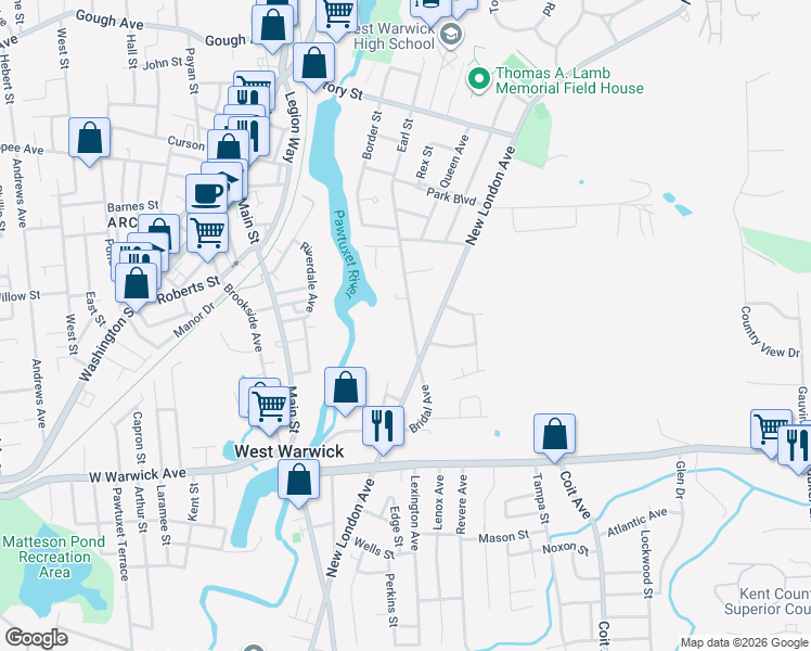 map of restaurants, bars, coffee shops, grocery stores, and more near 12 Earl Street in West Warwick