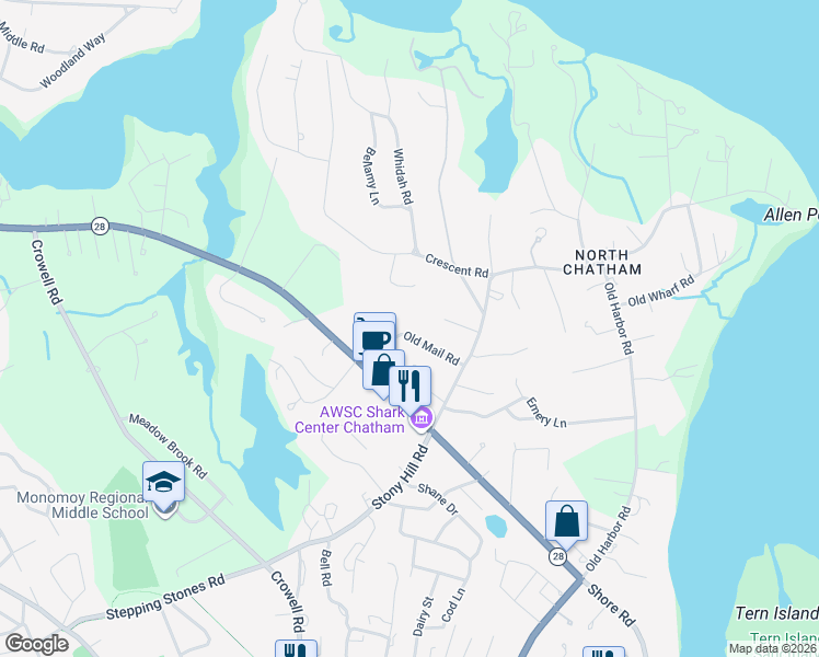 map of restaurants, bars, coffee shops, grocery stores, and more near 63 Old Mail Road in Chatham