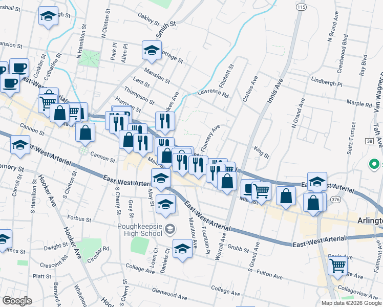 map of restaurants, bars, coffee shops, grocery stores, and more near 20 Maple Street in Poughkeepsie