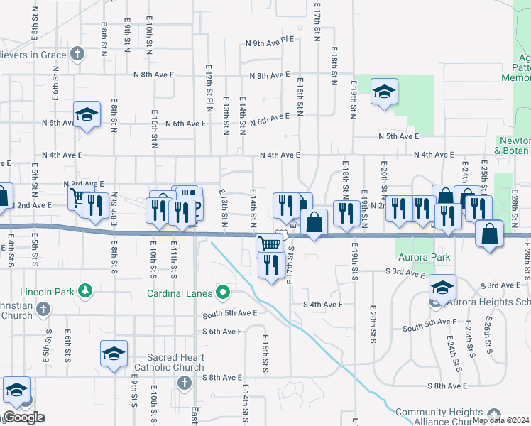 map of restaurants, bars, coffee shops, grocery stores, and more near 1426 1st Avenue East in Newton