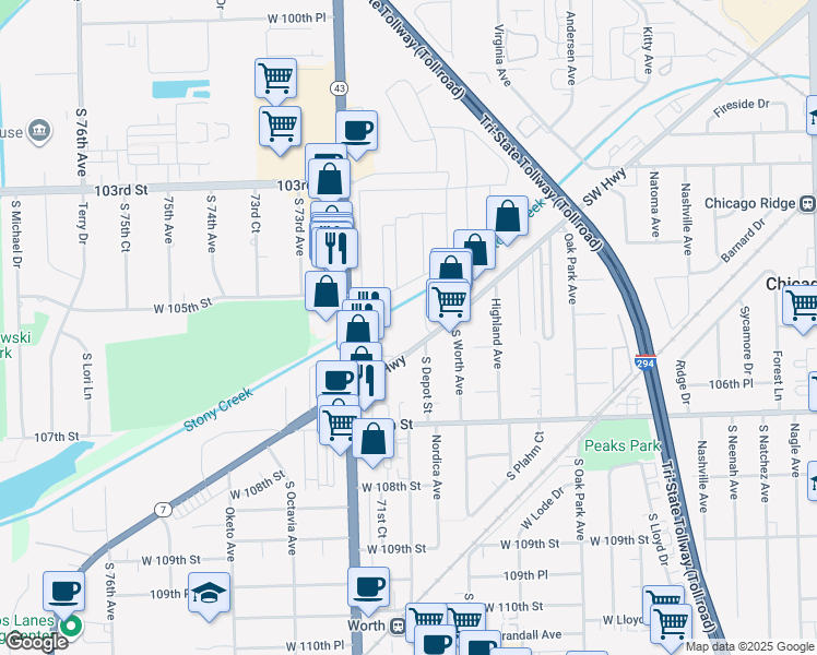 map of restaurants, bars, coffee shops, grocery stores, and more near 10602 Southwest Highway in Chicago Ridge