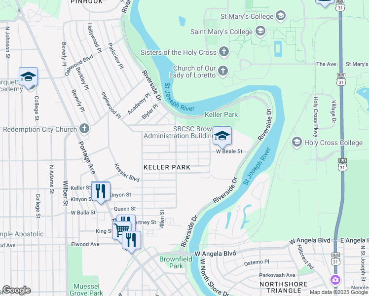map of restaurants, bars, coffee shops, grocery stores, and more near 921 Beale Street in South Bend
