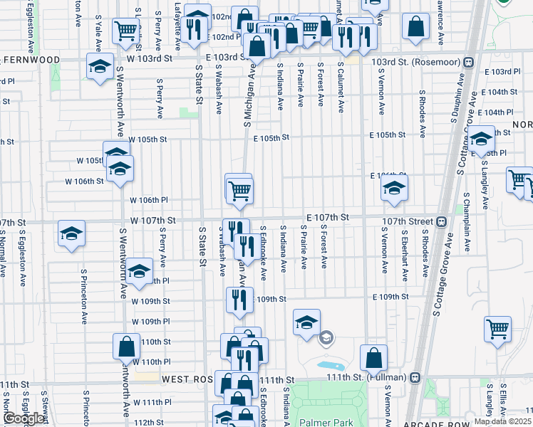 map of restaurants, bars, coffee shops, grocery stores, and more near 136 East 107th Street in Chicago