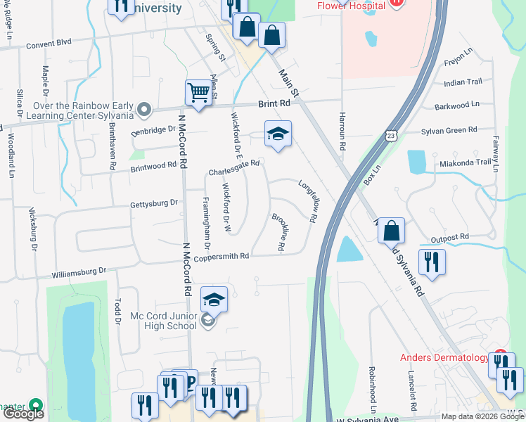 map of restaurants, bars, coffee shops, grocery stores, and more near 4650 Charlesgate Road in Sylvania