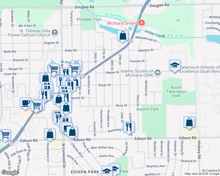 map of restaurants, bars, coffee shops, grocery stores, and more near 54595 28th Street in South Bend