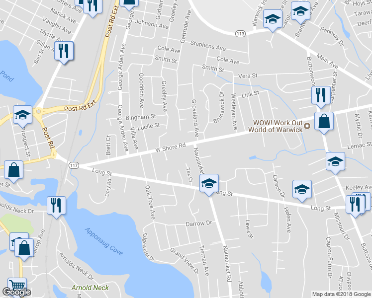map of restaurants, bars, coffee shops, grocery stores, and more near 3356 West Shore Road in Warwick