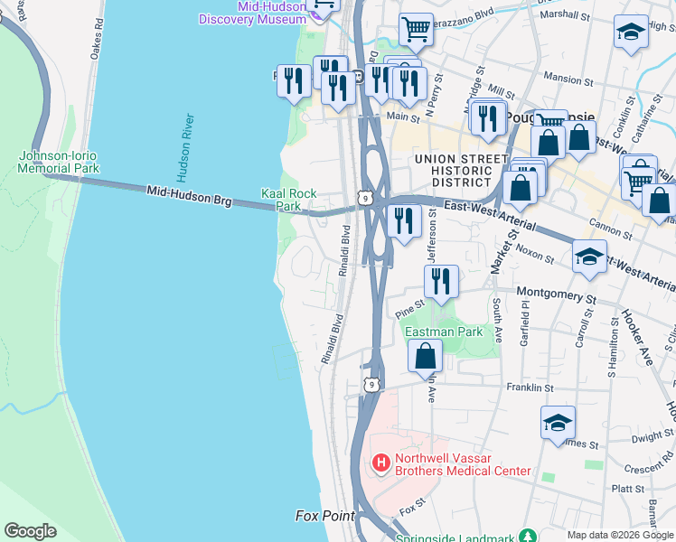 map of restaurants, bars, coffee shops, grocery stores, and more near 152 Rinaldi Boulevard in Poughkeepsie