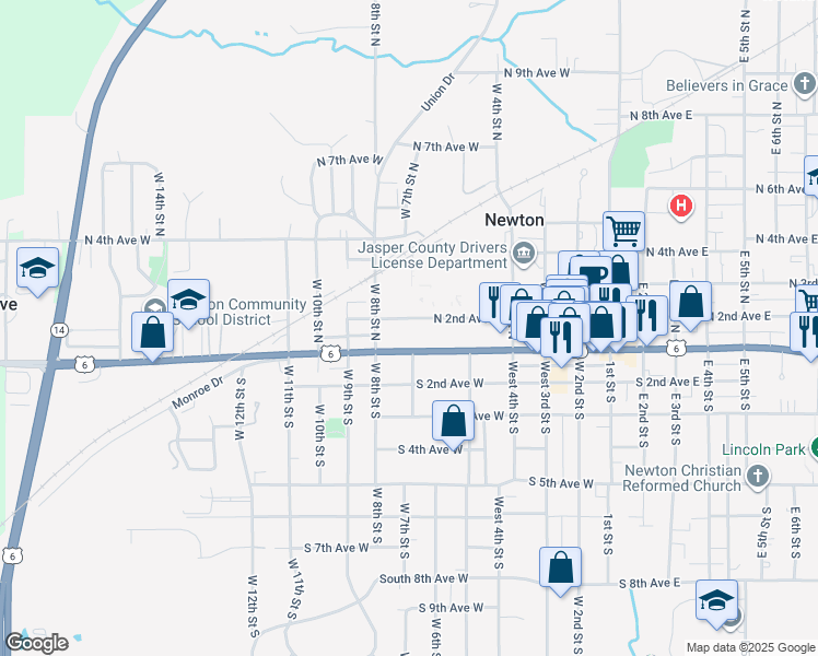 map of restaurants, bars, coffee shops, grocery stores, and more near 621 North 2nd Avenue West in Newton