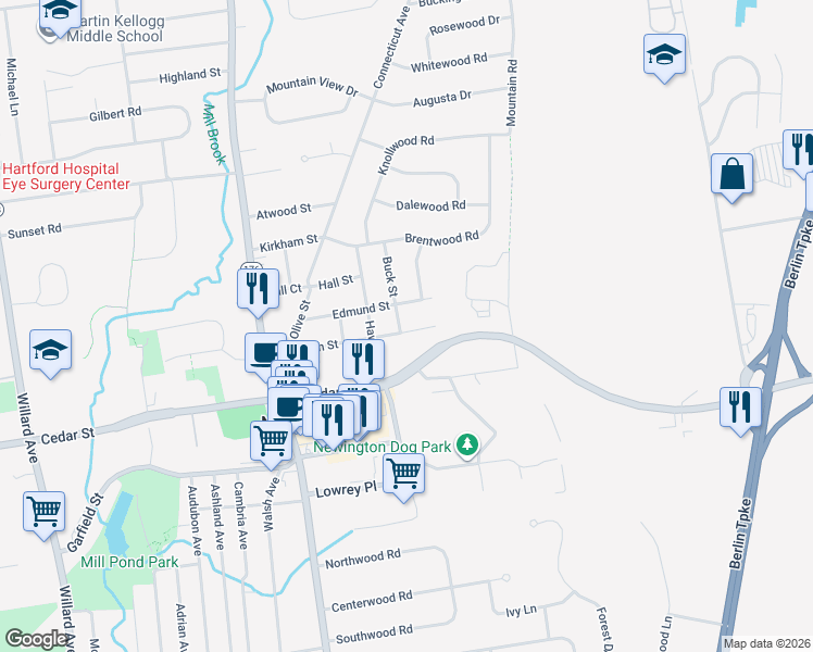 map of restaurants, bars, coffee shops, grocery stores, and more near 2 Buck Street in Newington