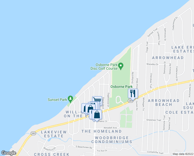 map of restaurants, bars, coffee shops, grocery stores, and more near 38503 Beachview Road in Willoughby