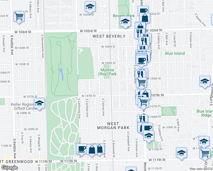 map of restaurants, bars, coffee shops, grocery stores, and more near 2614 West 106th Place in Chicago