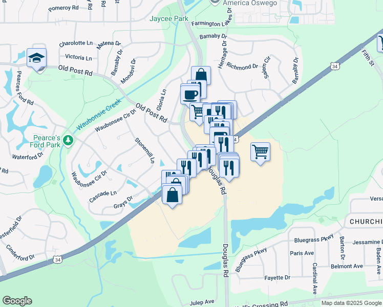 map of restaurants, bars, coffee shops, grocery stores, and more near 119 Seton Creek Drive in Oswego