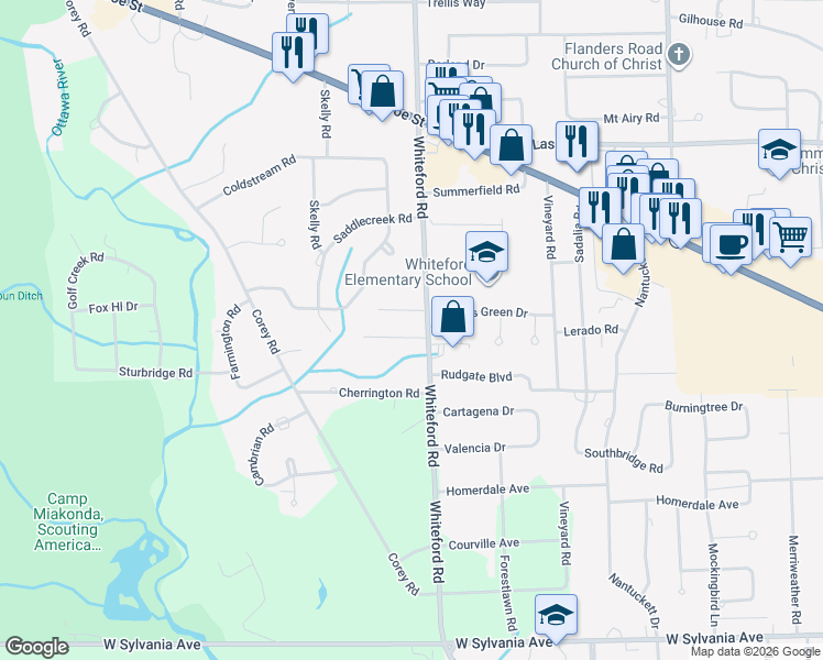 map of restaurants, bars, coffee shops, grocery stores, and more near 5116 Lerado Road in Toledo