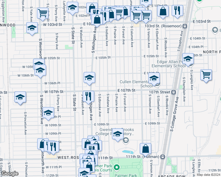 map of restaurants, bars, coffee shops, grocery stores, and more near 206 East 107th Street in Chicago