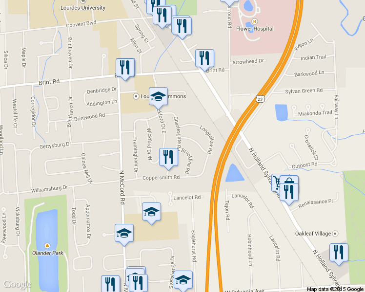 map of restaurants, bars, coffee shops, grocery stores, and more near 4650 Charlesgate Road in Sylvania