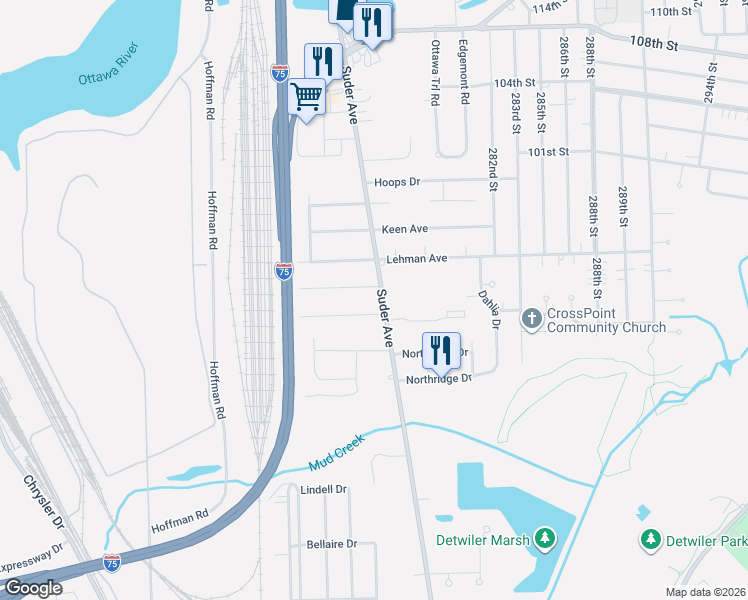 map of restaurants, bars, coffee shops, grocery stores, and more near 4301 Suder Avenue in Toledo
