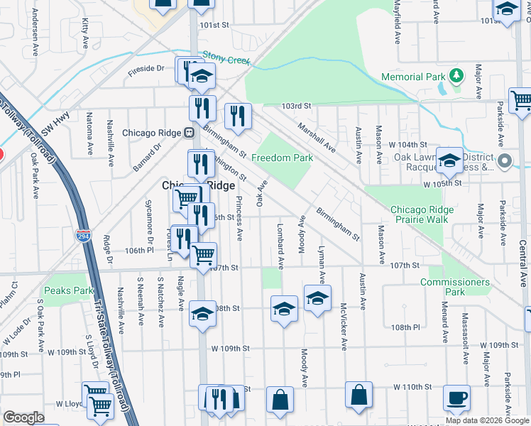 map of restaurants, bars, coffee shops, grocery stores, and more near 10555 Oak Avenue in Chicago Ridge