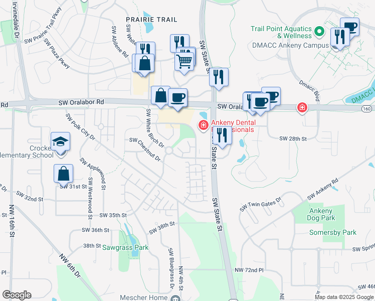 map of restaurants, bars, coffee shops, grocery stores, and more near 1611 Southwest White Birch Circle in Ankeny