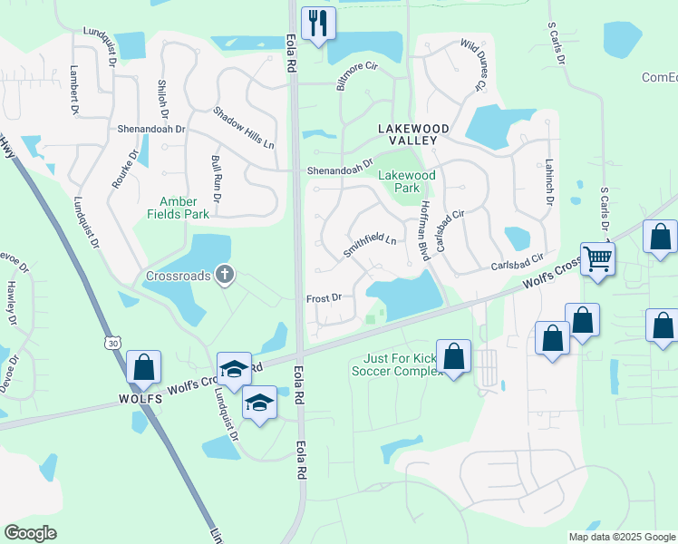 map of restaurants, bars, coffee shops, grocery stores, and more near 2461 Smithfield Court in Aurora