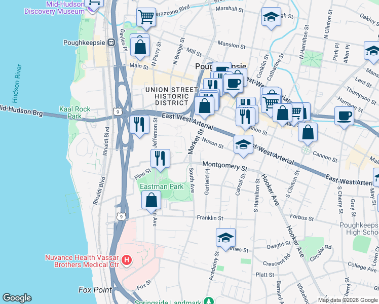 map of restaurants, bars, coffee shops, grocery stores, and more near 100 Market Street in Poughkeepsie