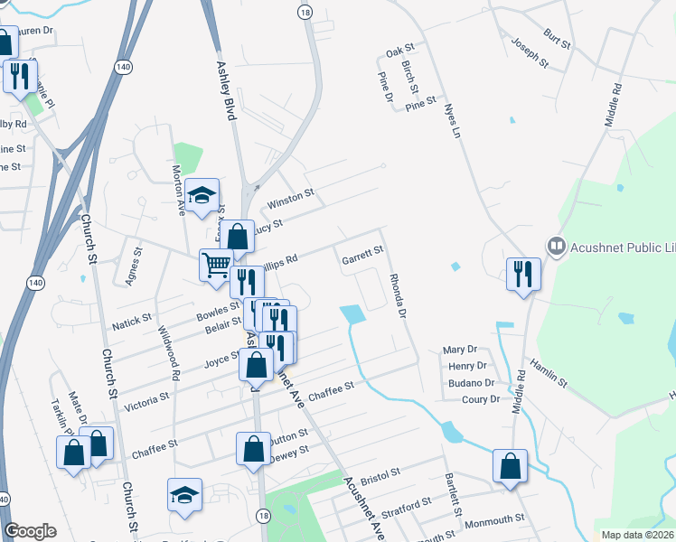 map of restaurants, bars, coffee shops, grocery stores, and more near 250 Fitzgerald Drive in New Bedford