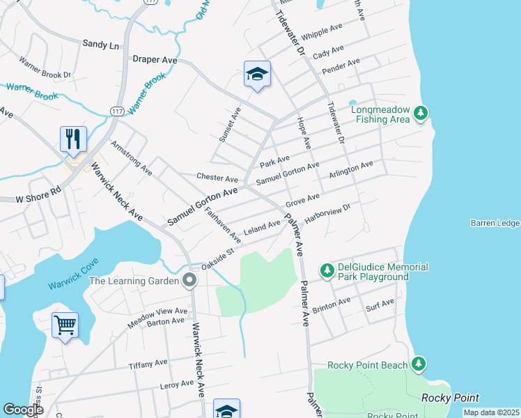 map of restaurants, bars, coffee shops, grocery stores, and more near 278 Grove Avenue in Warwick