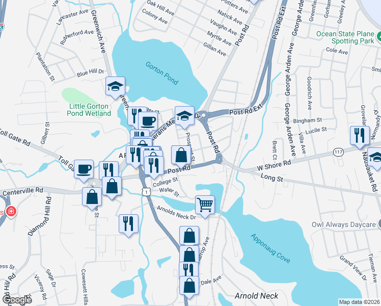 map of restaurants, bars, coffee shops, grocery stores, and more near 130 Prospect Street in Warwick
