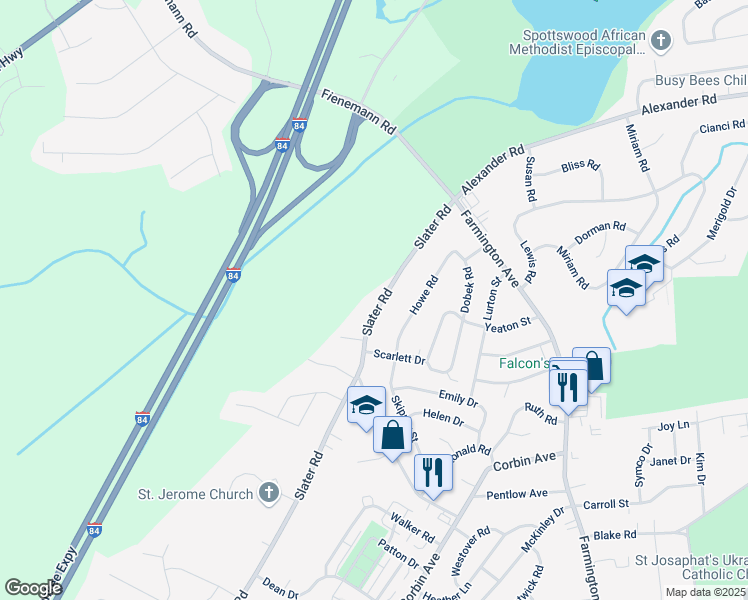 map of restaurants, bars, coffee shops, grocery stores, and more near 1280 Slater Road in New Britain