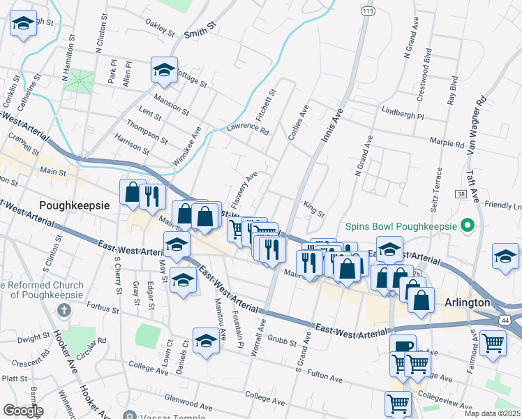 map of restaurants, bars, coffee shops, grocery stores, and more near 37 Corlies Avenue in Poughkeepsie