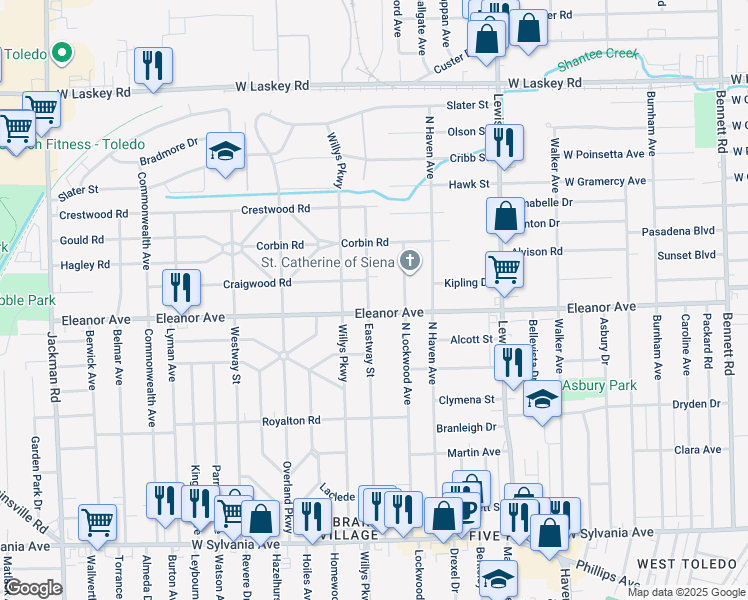 map of restaurants, bars, coffee shops, grocery stores, and more near 1224 Eleanor Avenue in Toledo