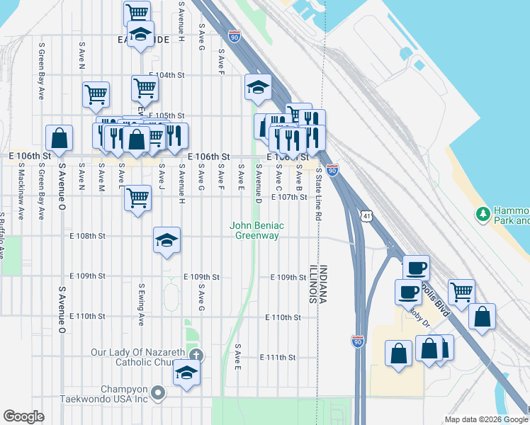 map of restaurants, bars, coffee shops, grocery stores, and more near 10729 South Avenue D in Chicago