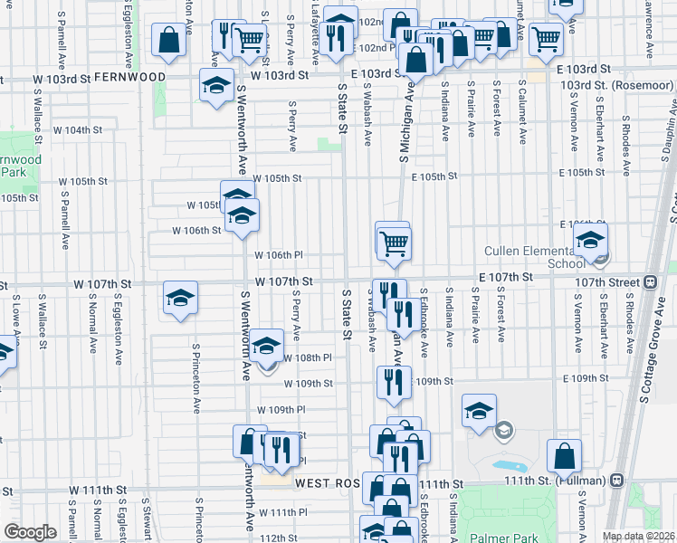 map of restaurants, bars, coffee shops, grocery stores, and more near 16 West 107th Street in Chicago
