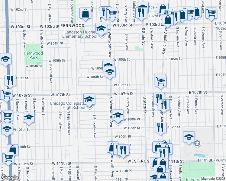 map of restaurants, bars, coffee shops, grocery stores, and more near 10654 South Wentworth Avenue in Chicago