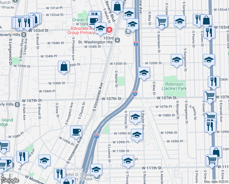 map of restaurants, bars, coffee shops, grocery stores, and more near 10643 South Glenroy Avenue in Chicago