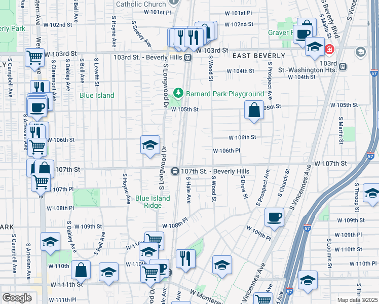 map of restaurants, bars, coffee shops, grocery stores, and more near 10633 South Hale Avenue in Chicago