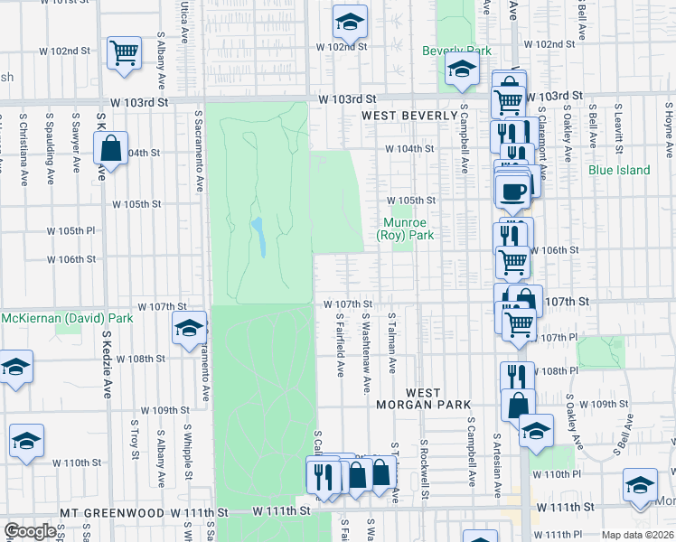 map of restaurants, bars, coffee shops, grocery stores, and more near 10628 South Fairfield Avenue in Chicago