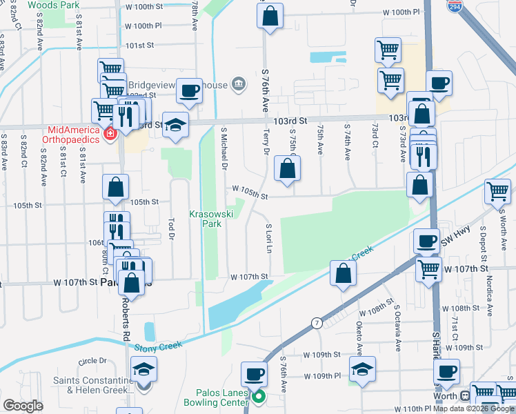 map of restaurants, bars, coffee shops, grocery stores, and more near 10513 South Lori Lane in Palos Hills