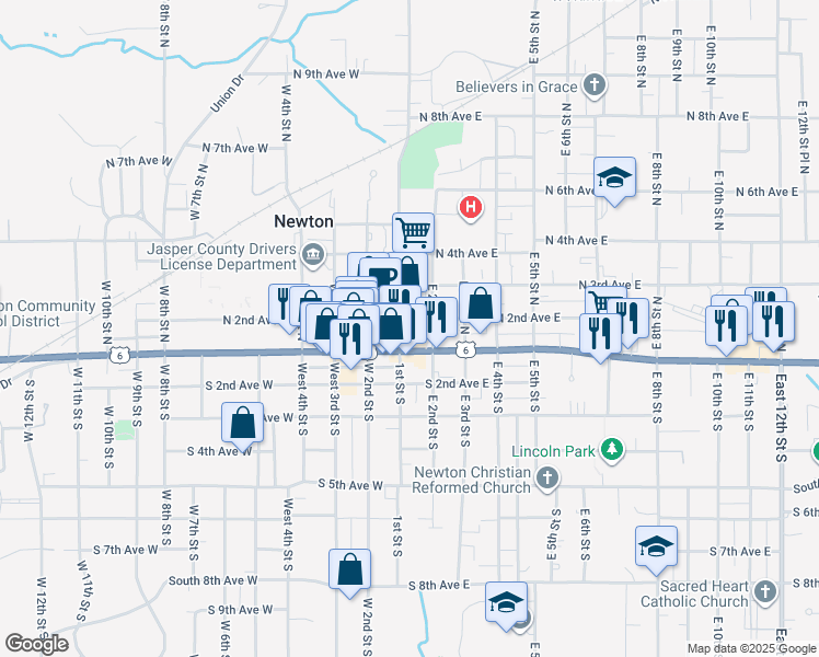 map of restaurants, bars, coffee shops, grocery stores, and more near 124 1st Street North in Newton