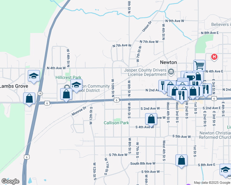 map of restaurants, bars, coffee shops, grocery stores, and more near 115 West 9th Street South in Newton