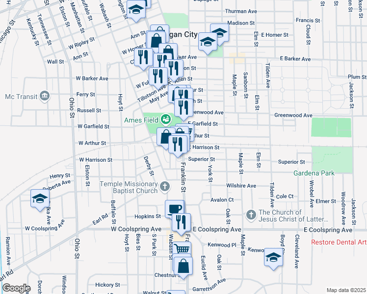 map of restaurants, bars, coffee shops, grocery stores, and more near 101 East Harrison Street in Michigan City