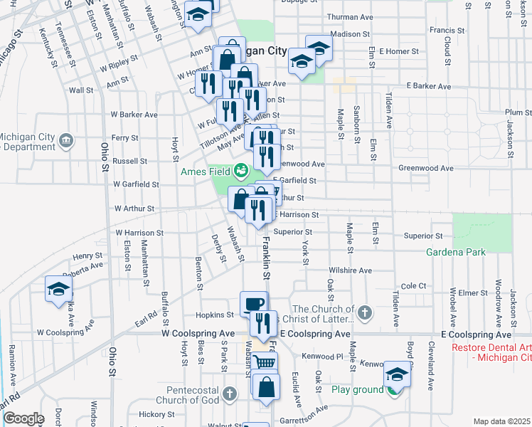 map of restaurants, bars, coffee shops, grocery stores, and more near 100 West Harrison Street in Michigan City