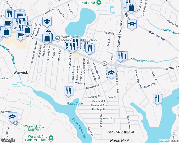 map of restaurants, bars, coffee shops, grocery stores, and more near 80 Hawksley Avenue in Warwick