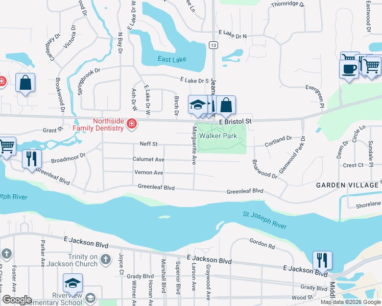 map of restaurants, bars, coffee shops, grocery stores, and more near 1301-1311 Marguerite Avenue in Elkhart