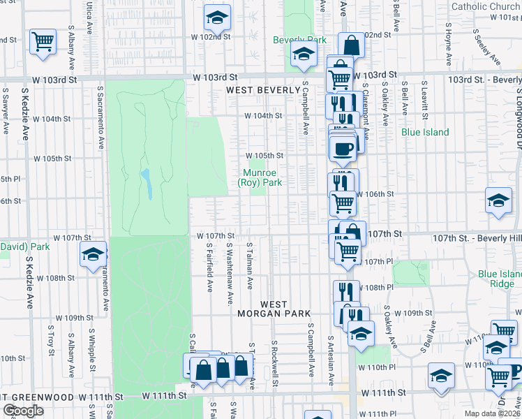 map of restaurants, bars, coffee shops, grocery stores, and more near 2614 West 106th Place in Chicago