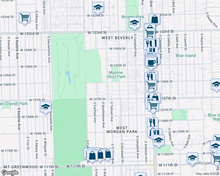map of restaurants, bars, coffee shops, grocery stores, and more near 2614 West 106th Place in Chicago